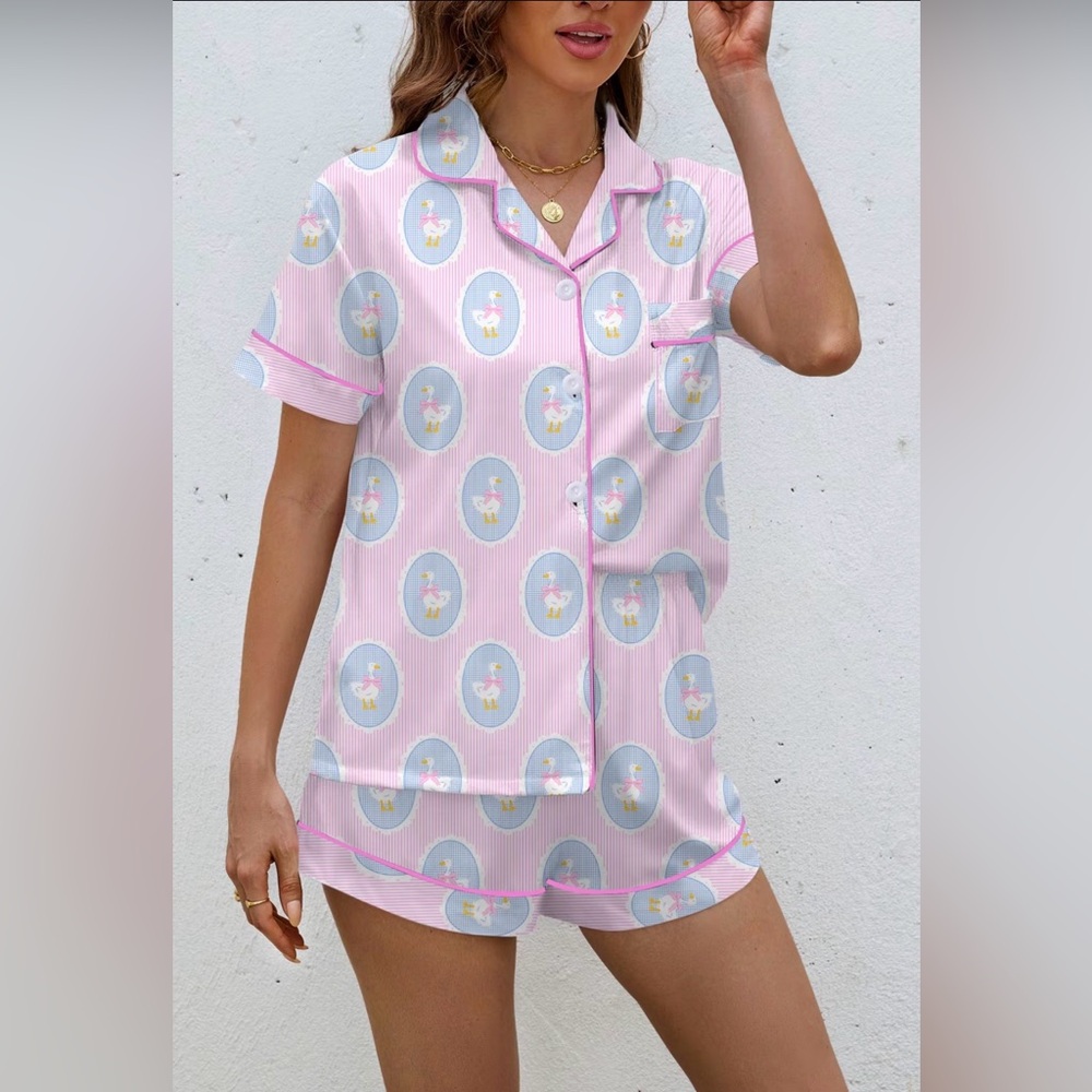 Pink Short Sleeve Swan Bowknot Oval Vintage Print Lounge Pajama Set New - Picture 3 of 13